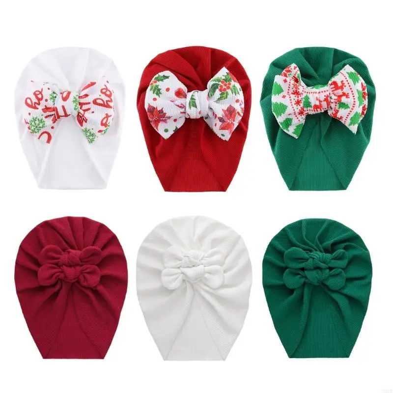 29EE Elastic Turban Hat Headwrap Baby Beanie with Christmas Bowknot Print Soft Bonnet Nursery Turban Hat for Baby