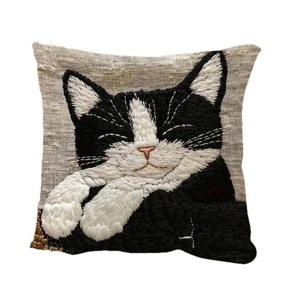 1PC Vintage Cute Cat 3D embroidered Nap Pillowcase for Home or Traveling, Sofa Throw Cushion Back Pillow Bedside Sleeping Pillow