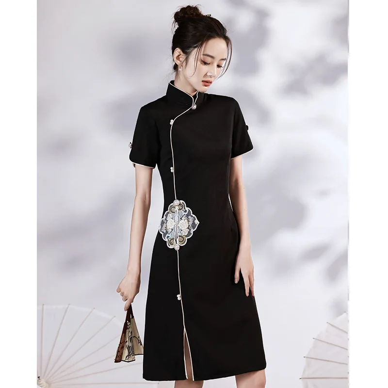 

Black Chinese Traditional Cheongsam Embroidery Women Dress Handmade Button Short Sleeve Vintage Summer Fashion Qipao