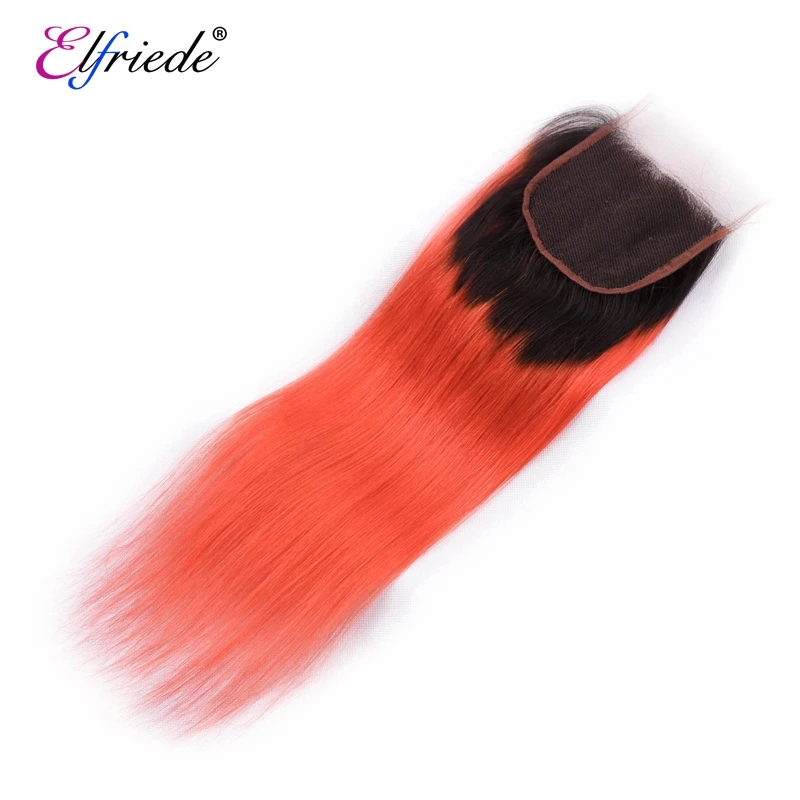 Elfriede Ombre #1B/Orange Red Straight Hair Bundles with Closure 100% Remy Human Hair Weaves 3 Bundles with Lace Closure 4x4