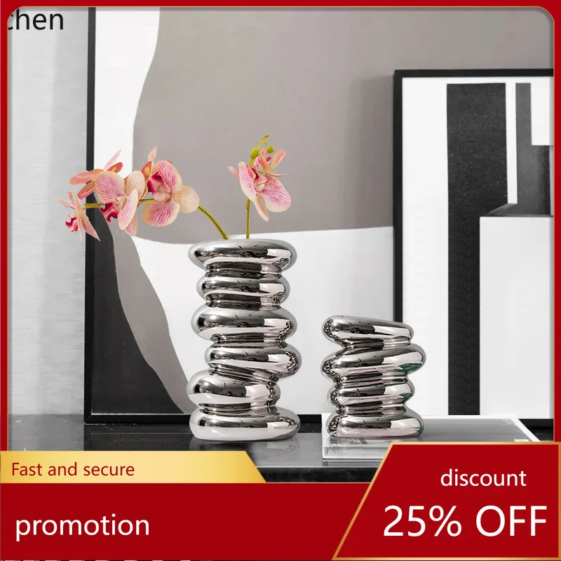 

HXL Electroplated silver Ceramic Vase Cabinet Ornament Flower Arrangement Soft Decoration Flower Vessel