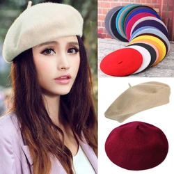 Wełniane berety francuski artysta styl ciepła zimowa czapka typu Beanie kapelusz kobieta dziewczyna Retro zwykły Beret jednolity kolor eleganckie damskie wygodne czapki