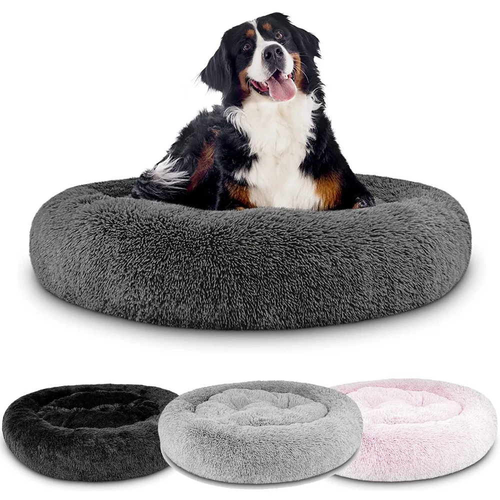 Neues weiches Plüsch-Hundebett, Anti-Angst, rutschfest, rund, Katzenbetten, Donut, flauschiges Katzennest für kleine und mittelgroße Hunde