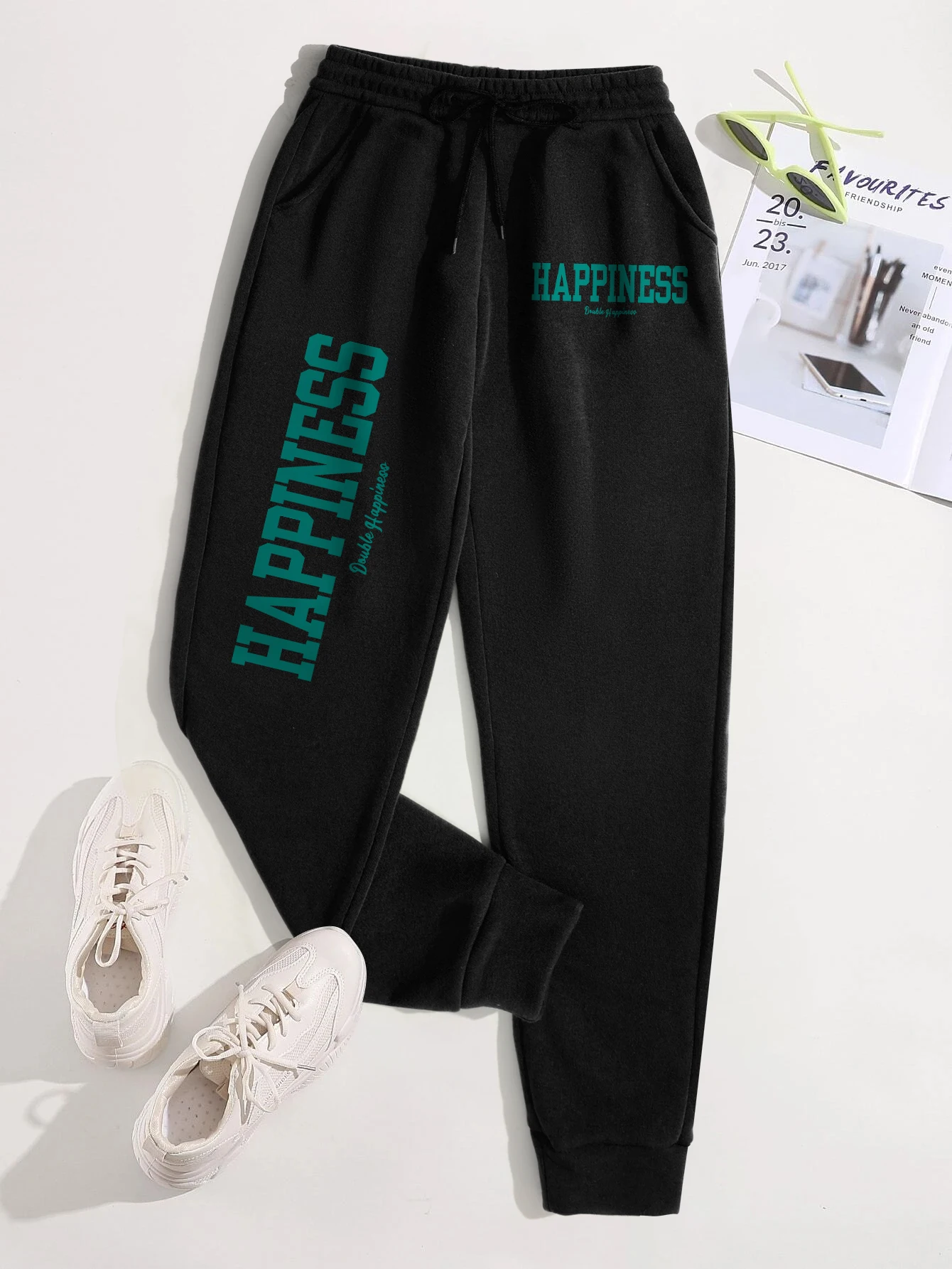 Happiness Letter Graphic Women'S Casual Basic Drawstring Pants Versatile Pocket Fashion Sweatpants Trendy Street Pant Female