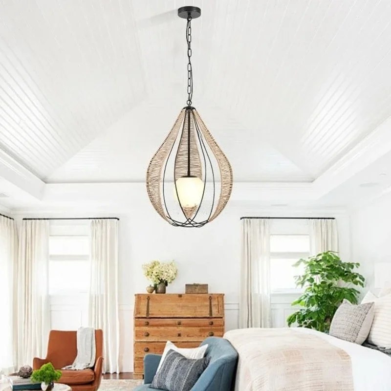 New American Country Style Pendant Light Hand Woven Simple Dining Room Chandelier Bedroom Lighting