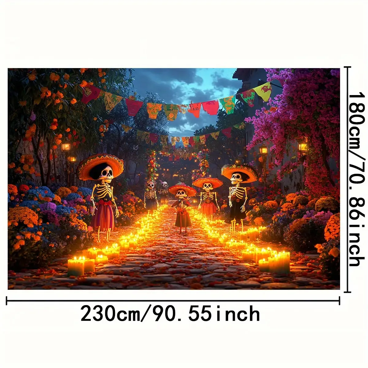 1pc Mexican Day of the Dead background cloth with skeletons, flower patterns and Paper Cuttings - colorful party decorations view 6