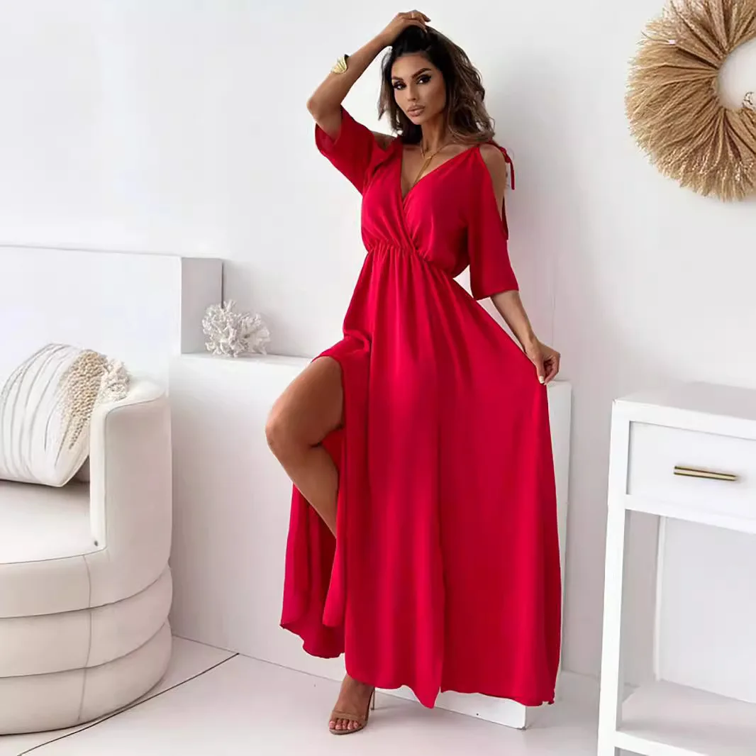 Women's Solid Sexy Five Quarter Sleeve Mid Length Dress Fashion Slim Waist Party Evening Dresses For Women Outfits Vestido