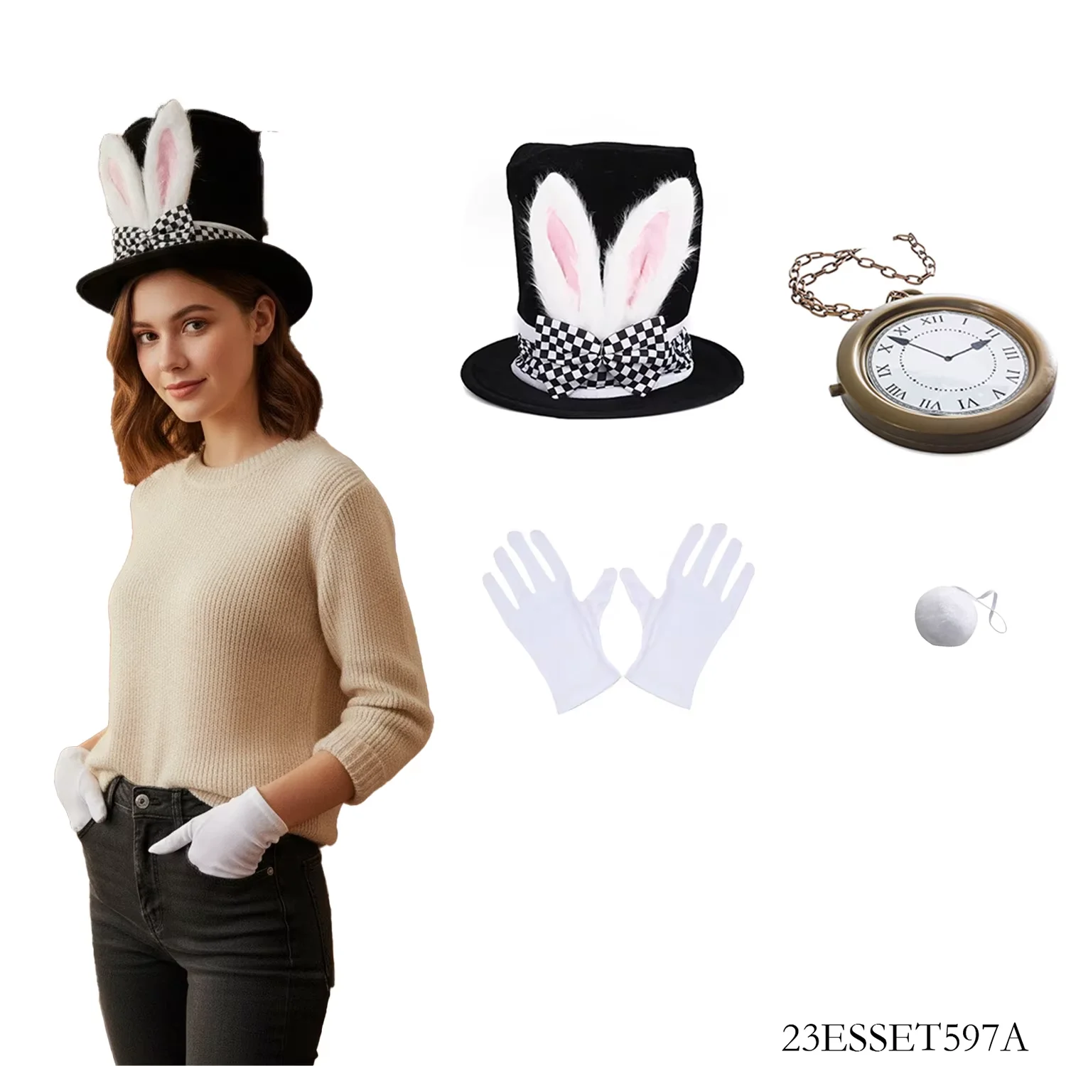 Accessori per il costume da coniglietto pasquale: cappello a cilindro con orecchie da coniglio, guanti e altro - Perfetto per giochi di ruolo pasquali e travestimenti festivi