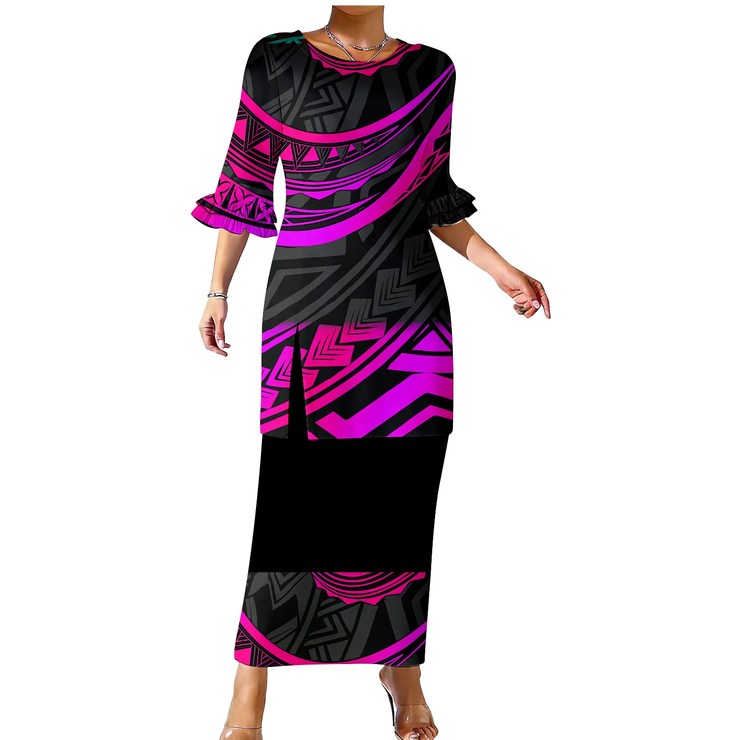 Fashionable Retro Polynesian Women'S Puletasi Suit Skirt - Double Ruffled Sleeves Slimming Two-Piece Set With Custom Pattern
