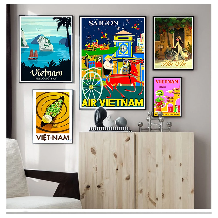 City Travel Canvas Paintings Vintage Wall Kraft Posters Coated Wall Stickers Home Decor Gift Vietnam Water Market Hoi an Yellow