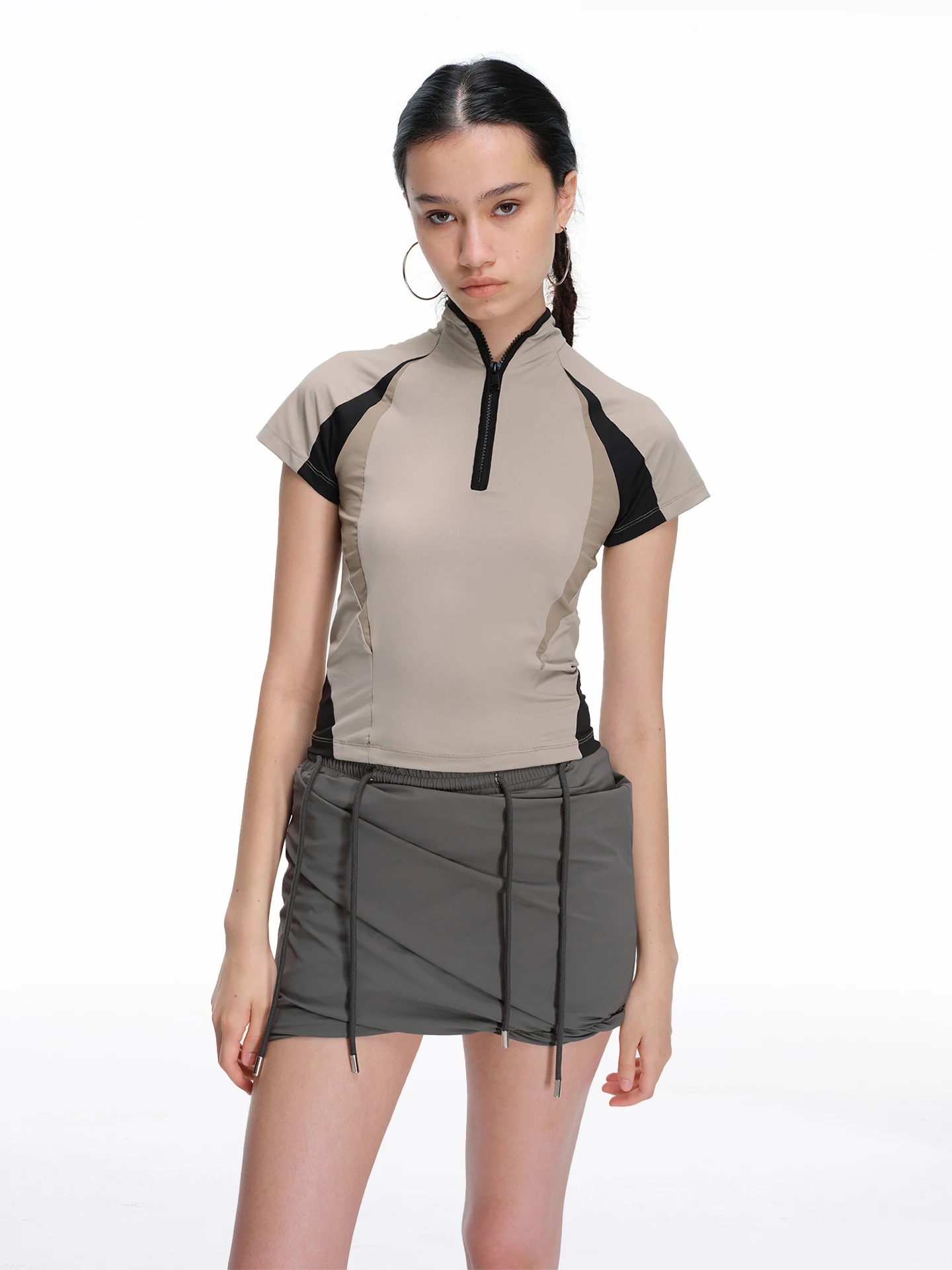 

STANHOPE ST fZip Raglan Tirt Casual Sle ort Sve Zipper Tirt из нейлона и спандекса, летний модный женский топ