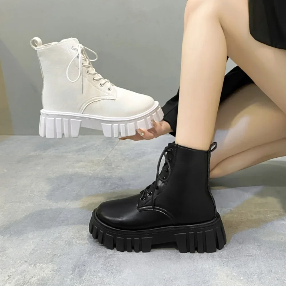 Chunky Platform White Ankle Boots Women Autumn Winter Pu Leather Combat Booties  Punk Thick Bottom Motorcycle Boots