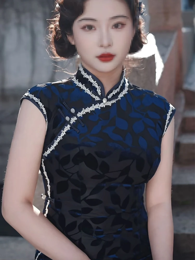 

Blue Young Sle Rvated Vintage New Chinese Sle Qipao Slimming High Collar ort Sve Long Qipao for Women