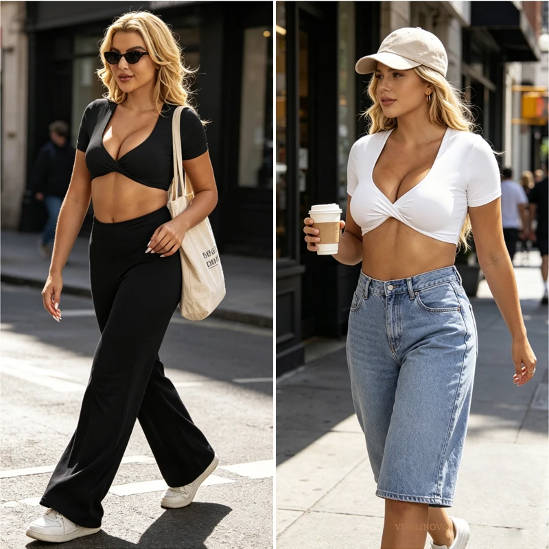 Vital inovo Kurzarm Crop Tops für Frauen Twist Front Crop Tank Top Yoga Laufen gepolsterte Sport-BH Casual Shirts Workout Tops – Detail 1