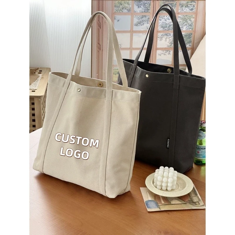 Custom Print Logo Solid Canvas Shoulder Tote Bag Snap Button Design Large Capacity Reusable Shopper Bag Minimalist Daily Handbag