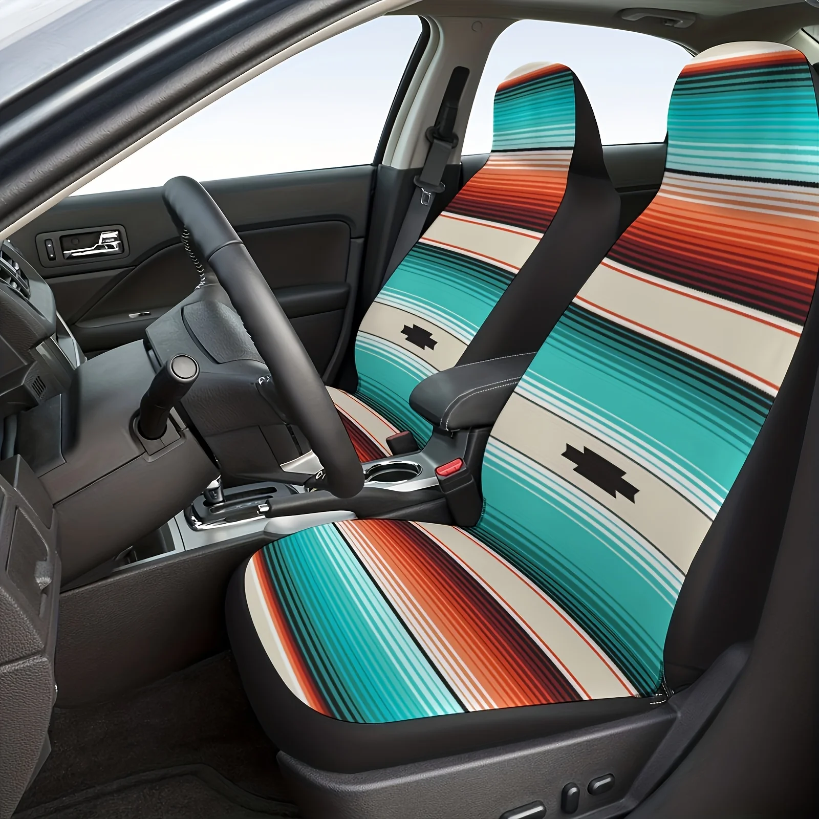 2pcs Bohemian Red & Blue Striped Car Seat Covers, Soft Polyester Fabric, Fit For All Seasons, Hand Washable, No Padding, Vibrant