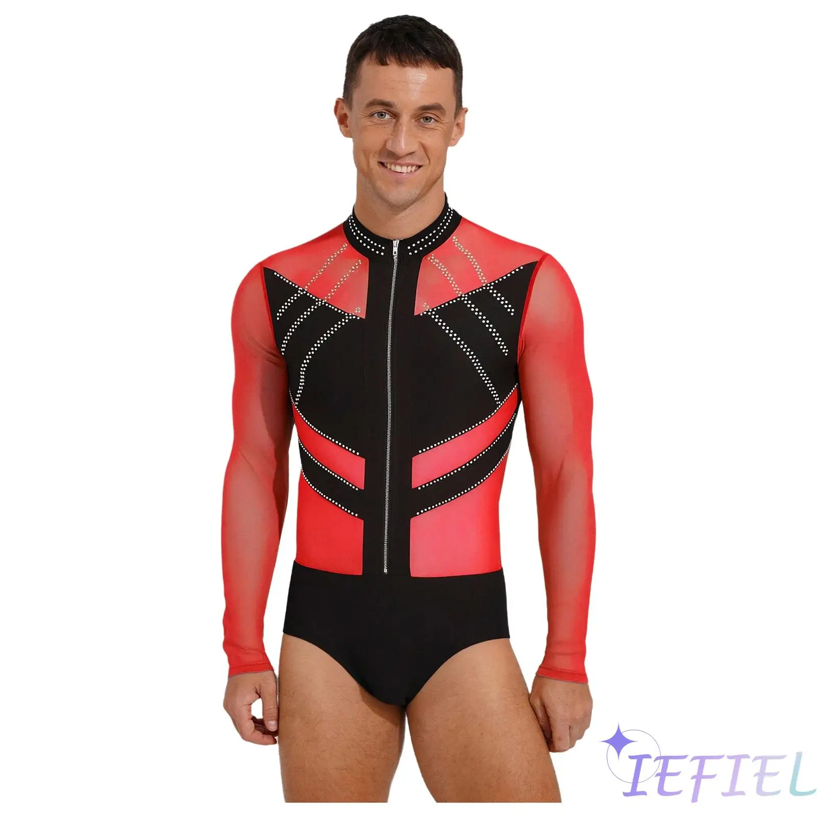 

Radiant Rumba Tango Latin Ballet Dance Bodysuit for Men with Sheer Mesh Panels Front Zipper Glittery Gymnastics Dance Leotard