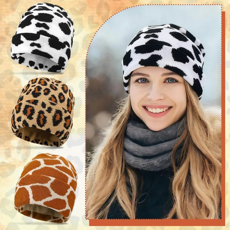 Unisex Camouflage Leopard Print Jacquard Beanie,Fashion Versatile Acrylic Winter Skull Cap for Daily Wear,Christmas Halloween