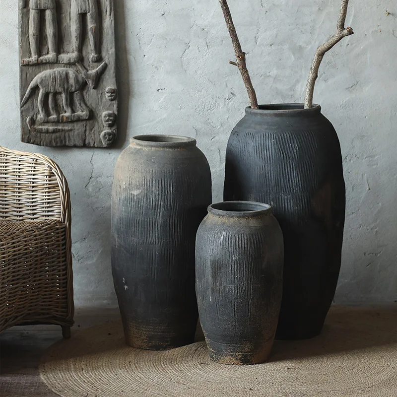 Grey large-scale floor-to-ceiling large vase ornaments living room retro homestay lonely landscape earthenware pot Chinese style