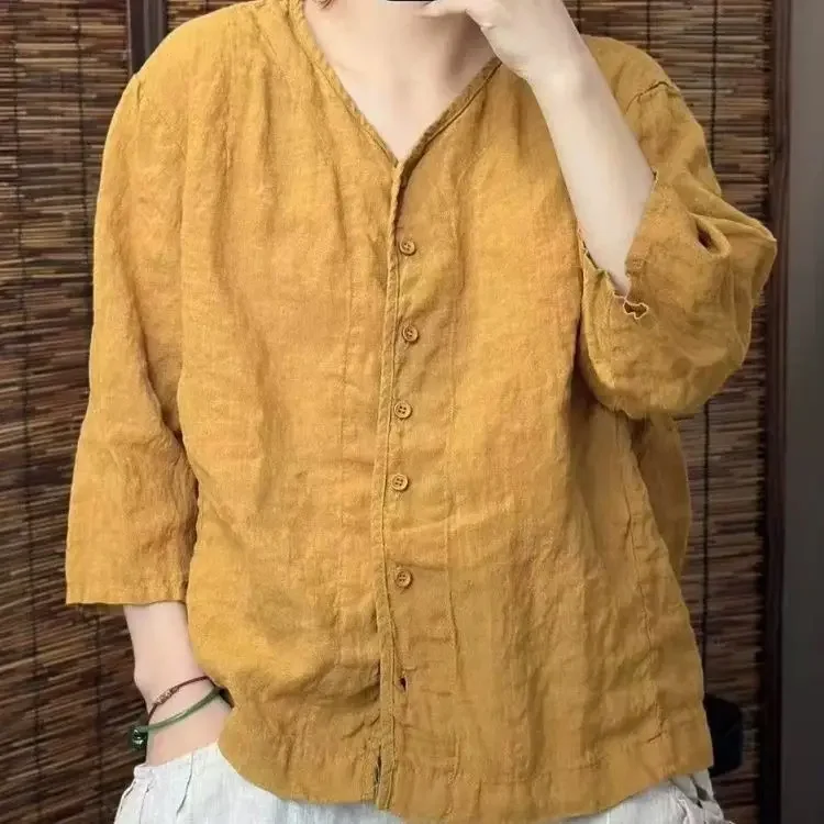 

Linen V-neck 3/4 Sleeve Shirt, Casual Loose Fit Button Down Blouse, Breathable Summer Linen Top for Women