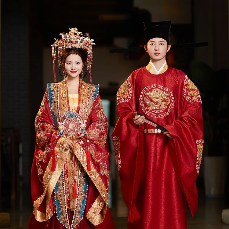 

Свадебная одежда Song Hanfu, платье для тяжелой промышленности, древний китайский шапка и халаты, новинка 2024, полный костюм для пары
