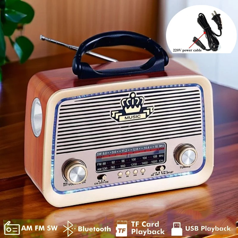 Портативный классический винтажный радиоприемник FM AM SW радиоприемник беспроводной Bluetooth динамик перезаряжаемый/220 В переменного тока светодиодный фонарик