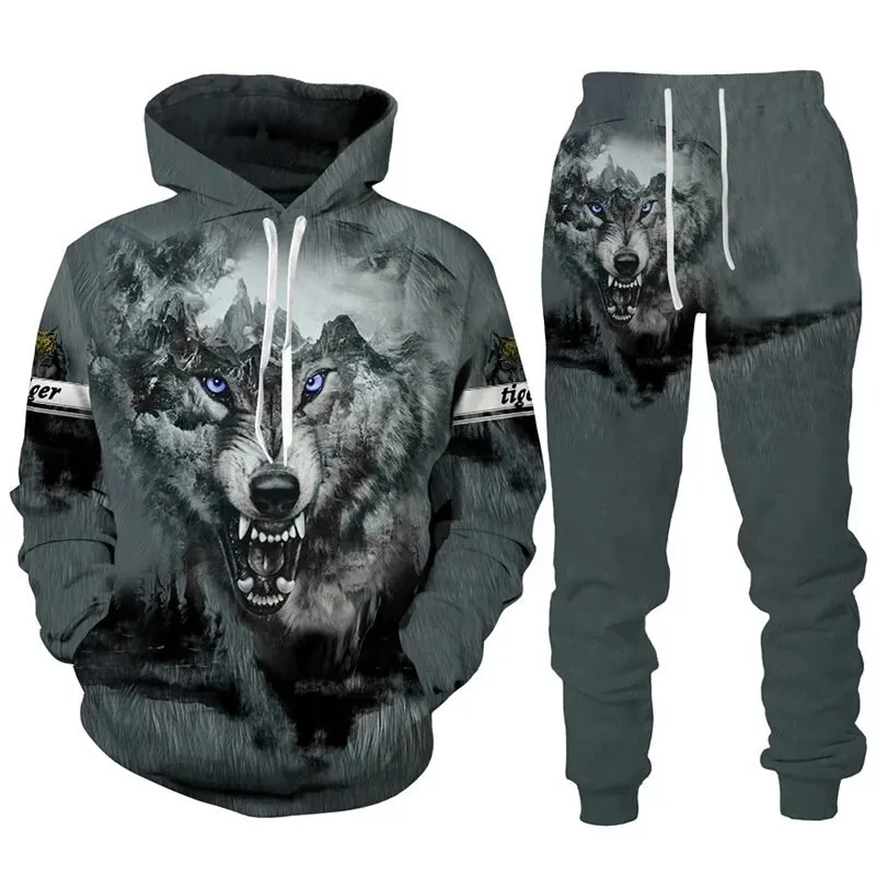 Nuovi uomini animale lupo felpa con cappuccio stampato maschio autunno casual felpa pantaloni sportivi pullover uomo tuta set abbigliamento da uomo vestito