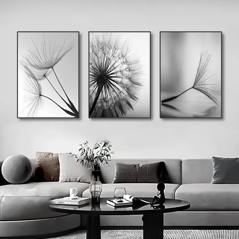 3PCS Black and White Wall Art Canvas Painting Dandelion Flower Pictures Poster and Prints Home Decorative Artworks for Kitchen