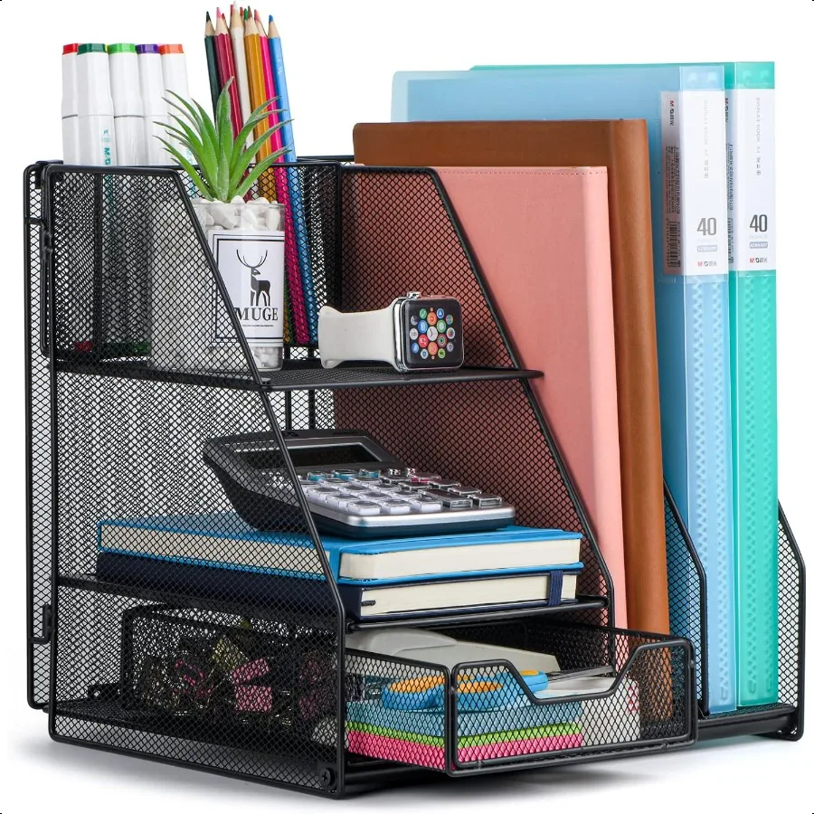 

Desk Organizer File Organizer for Desk with 2Tier Paper Letter Tray Drawer and 2 Pen Holder Mesh Desktop Organization with Maga