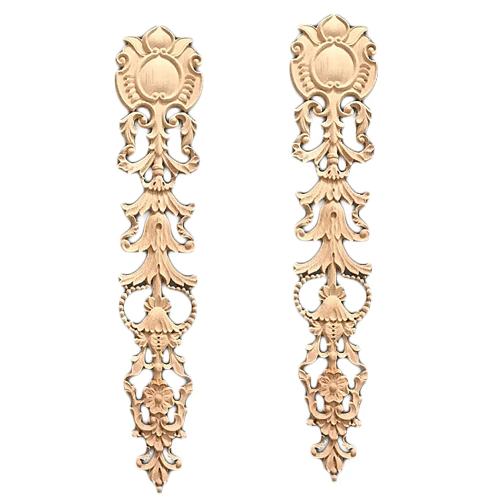 2 Pcs Carving Solid Wood Appliques for Furniture Cabinet Unpainted Wooden Mouldings Decal Vintage Home Decorative Long Applique