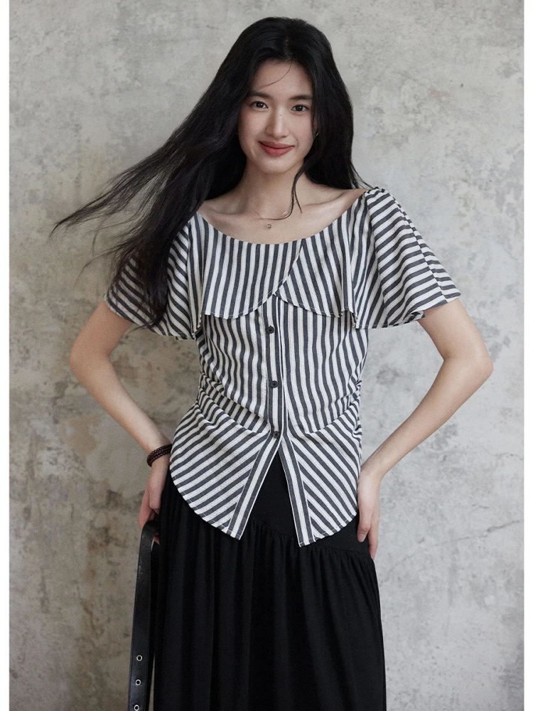 

Two eep Design【fecting String】Bla White Stripes ort Sve Women's irt 2026 Gored oulder Waist Inward Small irt