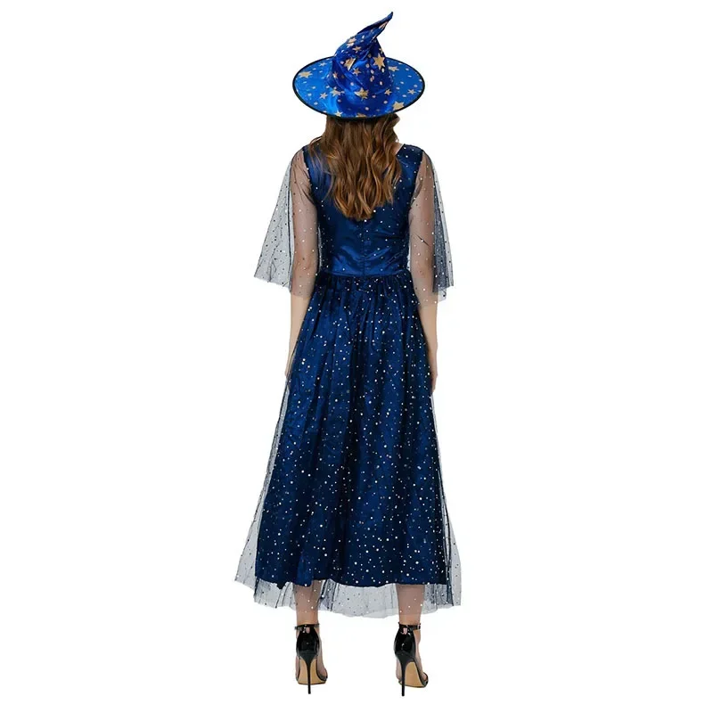 Halloween Witch Magician Drama Costume Adult V-neck Gauze Blue Starmoon Witch