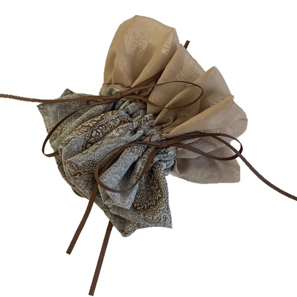 1pc Double-Layer Fabric Scrunchie Light Blue Patterned Beige Textiles Brown Ribbon Vintage Elegant Tones Detail Styles Accessory view 6