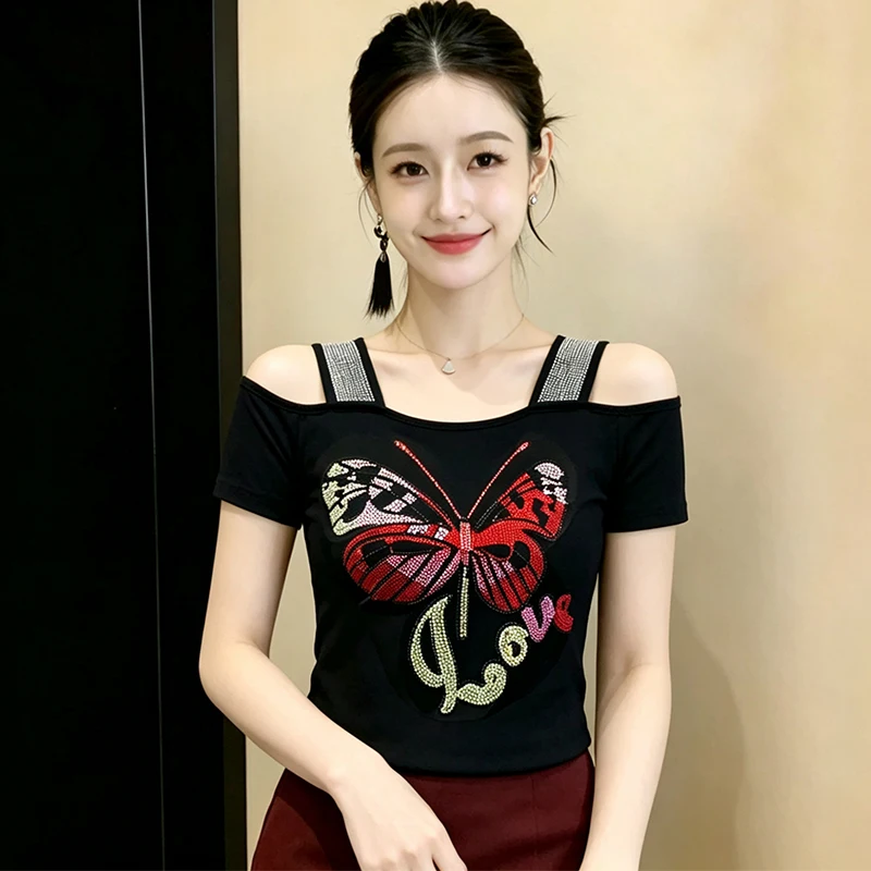 Summer New Off Shoulder Double-Layer Ice Silk Mesh T-Shirt Luxury Hot Diamond Short Sleeved Women's Tops Korean-Style Tee