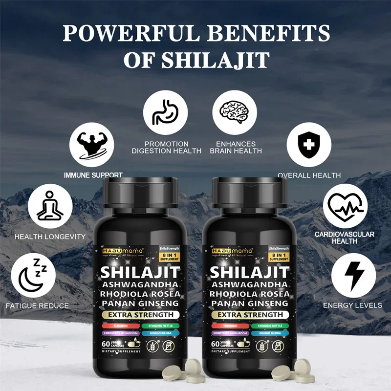 Natural Pure Ingredient 8 in 1 Shilajit, Ashwagandha, Panax Ginseng, Turmeric Capsules Supplement