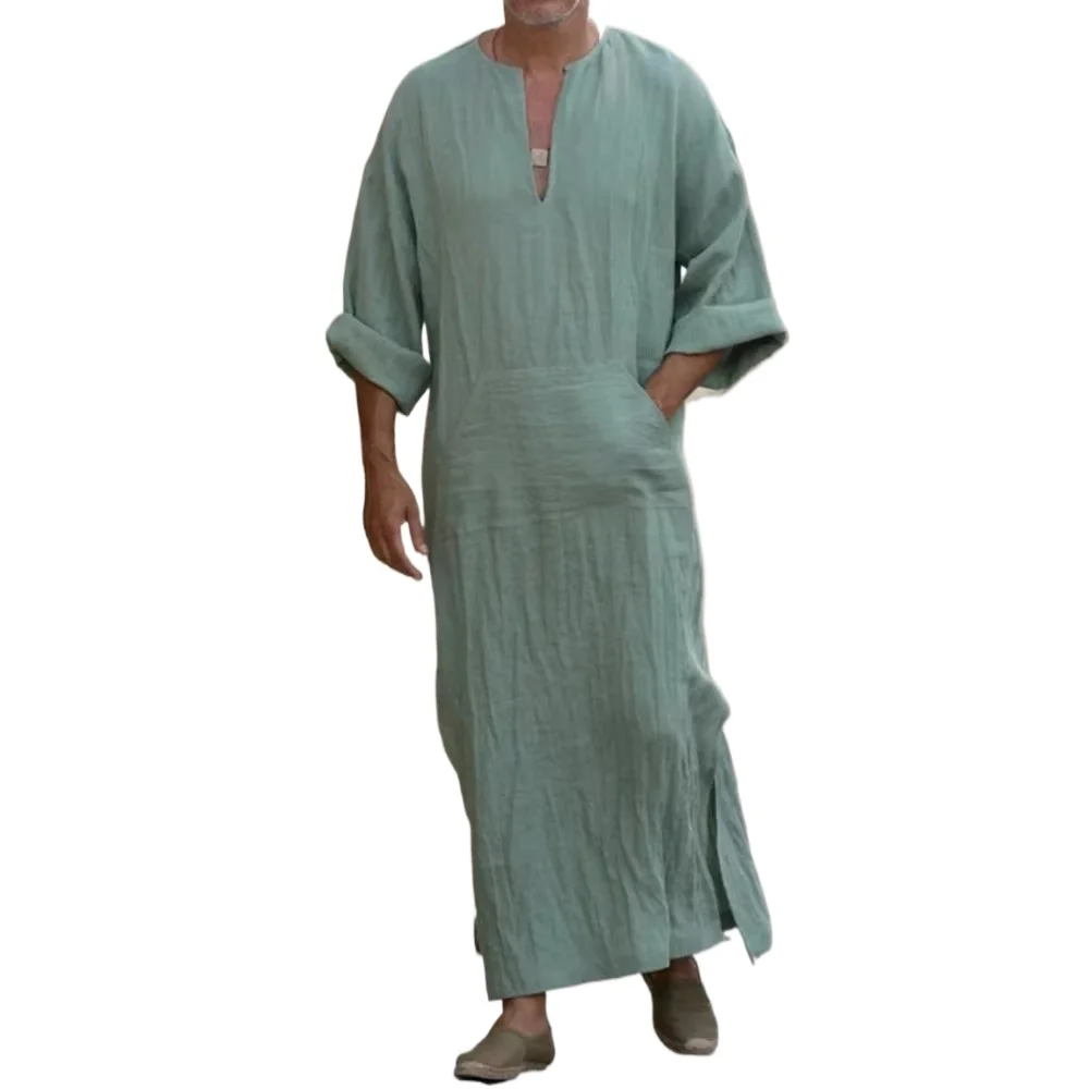 

New Plus Size 4XL 5XL Men Kaftan Muslim Jubba Thobe V-neck Casual Cotton Linen Pocket Loose Robe Long Sleeve Retro Arab Robes