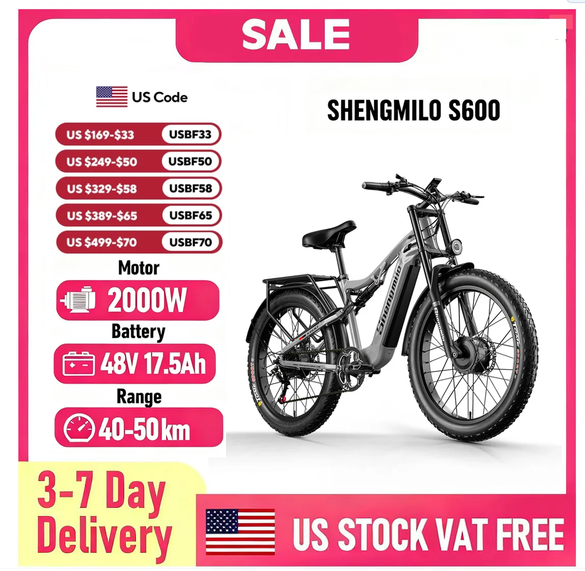 

SHENGMILO S600 26" Electric Mountain Bike 2000W Dual Motor 48V 17.5Ah Battery
