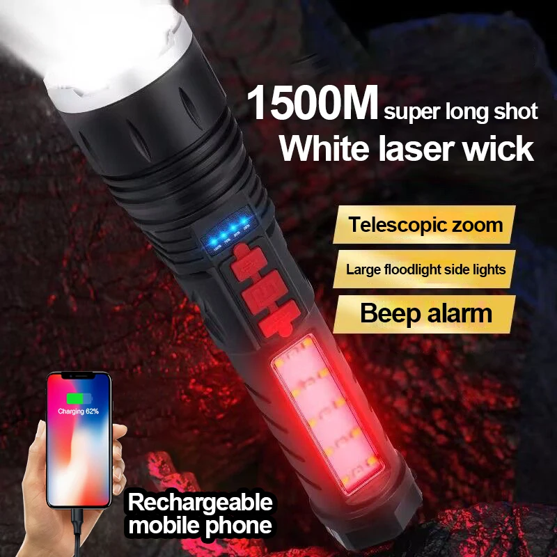 Powerful Led Flashlight Outdoor Ultra-Bright COB Rechargeable White Laser Torch Multi-Function Emergency Buzz Power Bank Lantern