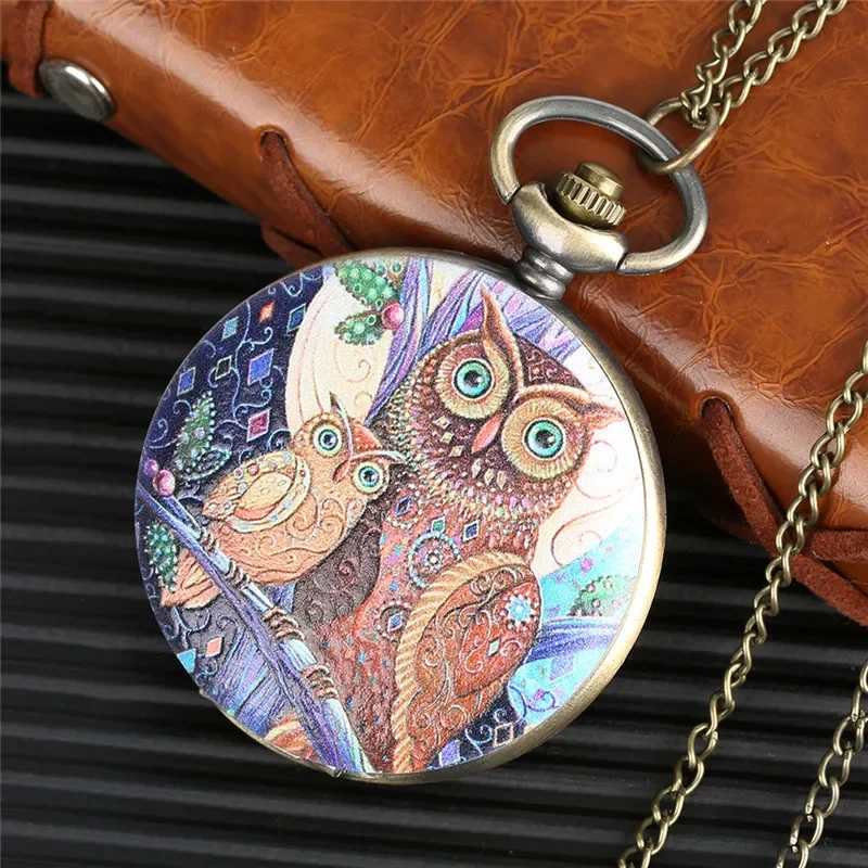 Bronze Pocket Watch with Lovely Owl Pattern Full Hunter Alloy Quartz Clock with Necklace Fob Chain for Men Women Antique Watches