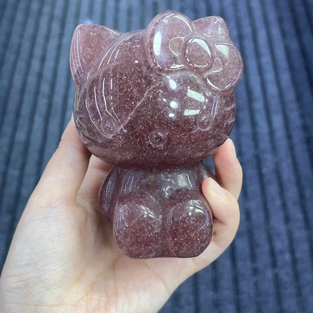 1PC Crystal Quartz Hello Kitty 10cm Strawberry Quartz Carving Polished Healing Figurine Sanrio Cartoon Cat Home Decor Craft Gift
