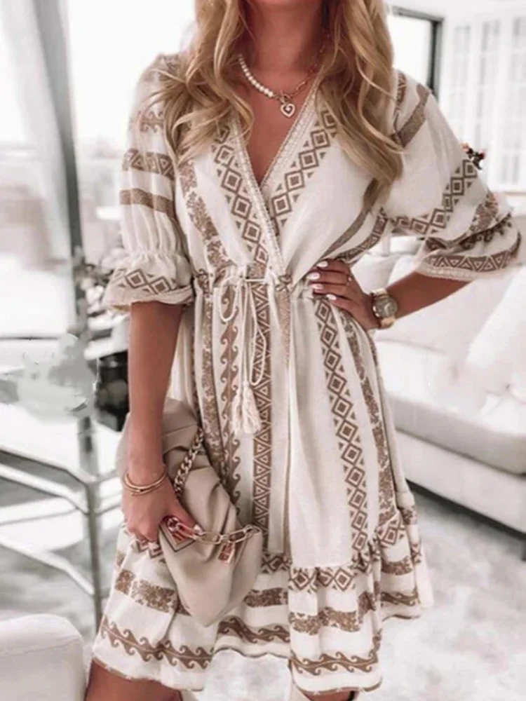 Vintage Women Petal Sleeved Tassel Party Dress 2022 Spring Summer Ladies V Neck Mini Dress Casual Female Loose Dress Streetwear