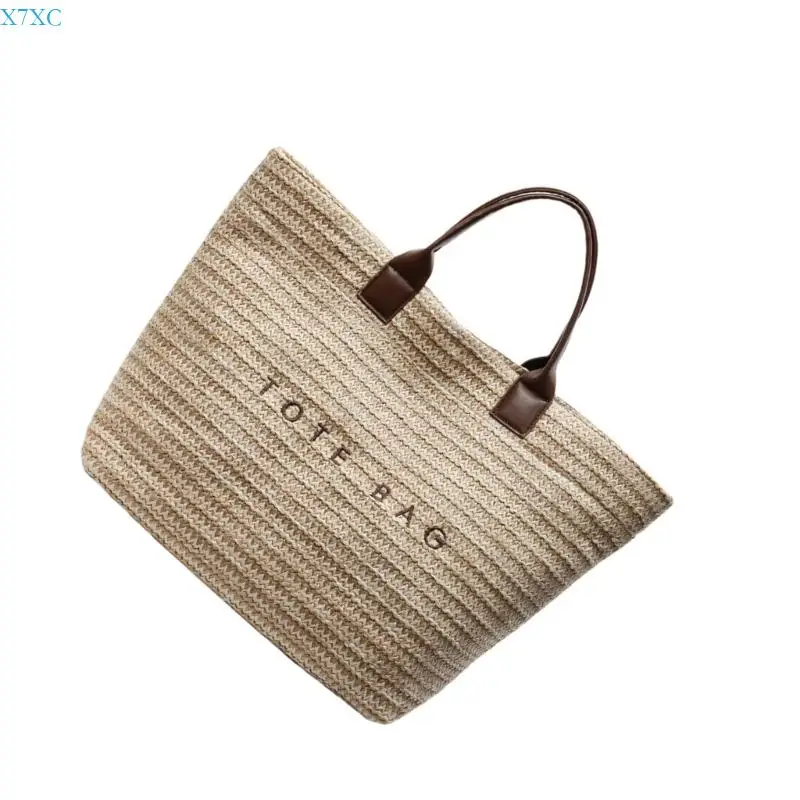 

X7XC Women Beach Bag Large Capacity Commuting Bag Stylish Vacation Bag Straw Top Handle Bag Handwoven Handbag for Travel
