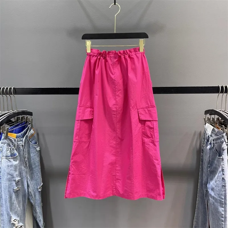 Rose Red Elastic Waist Skirt Women Spring Summer Loose Mid-Length Drawstring Pocket Skirt Female Solid Cargo Skirt