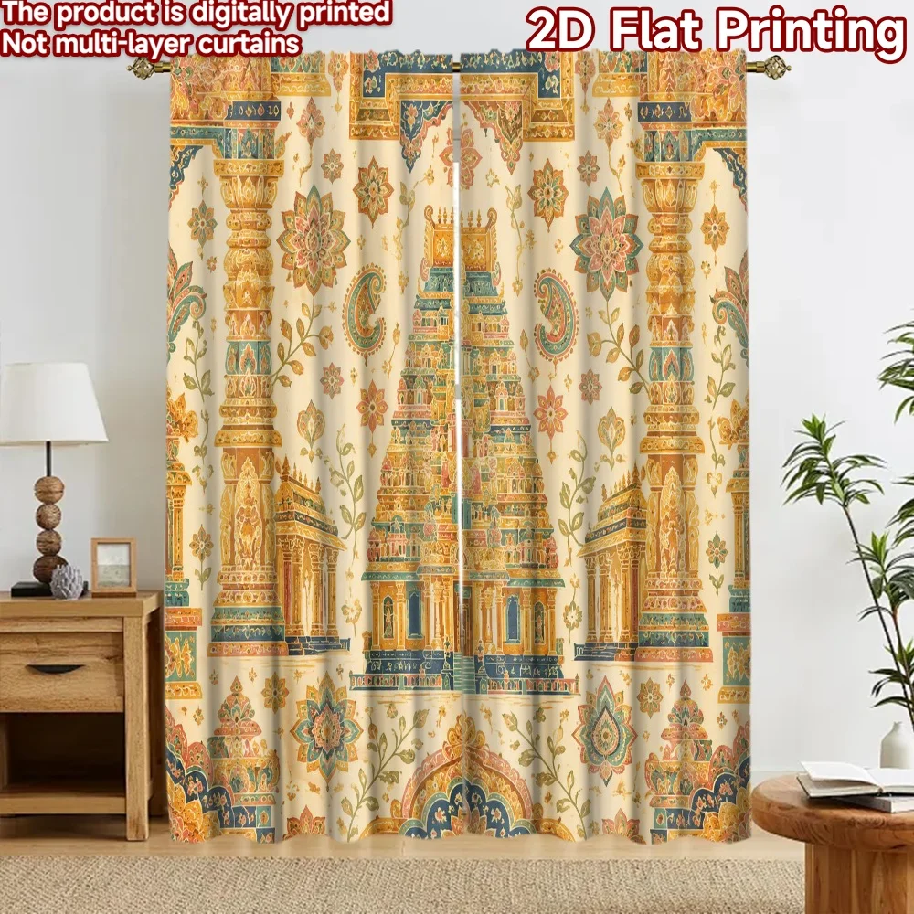 2D flat 2pcs Curtain Vintage drapes Curtains Indian Temple Floral Motifs Durable polyester fiber Party Decorations for Entryway