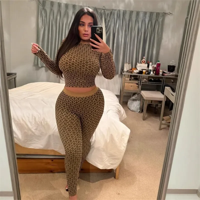 2025 primavera/verão nova moda impressa magro ajuste sexy elástico manga longa em torno do pescoço calças superiores definir roupas femininas