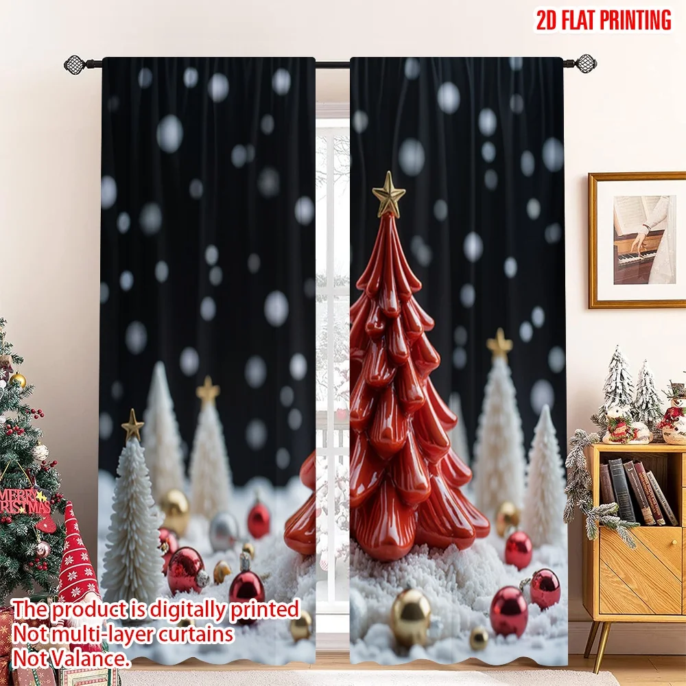 

2pcs 2D flat printing Merry Christmas Party Curtains Festive Red Christmas Tree Fabric Without Electricity Festive Curtains for