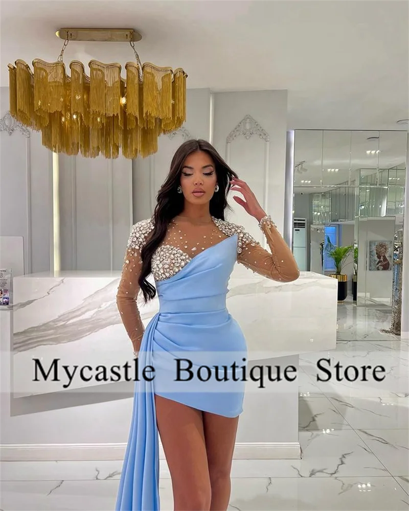 Blue Satin Diamonds Short Prom Dresses 2024 Mermaid Birthday Party With Long Sleeve Train Homecoming Party Dress