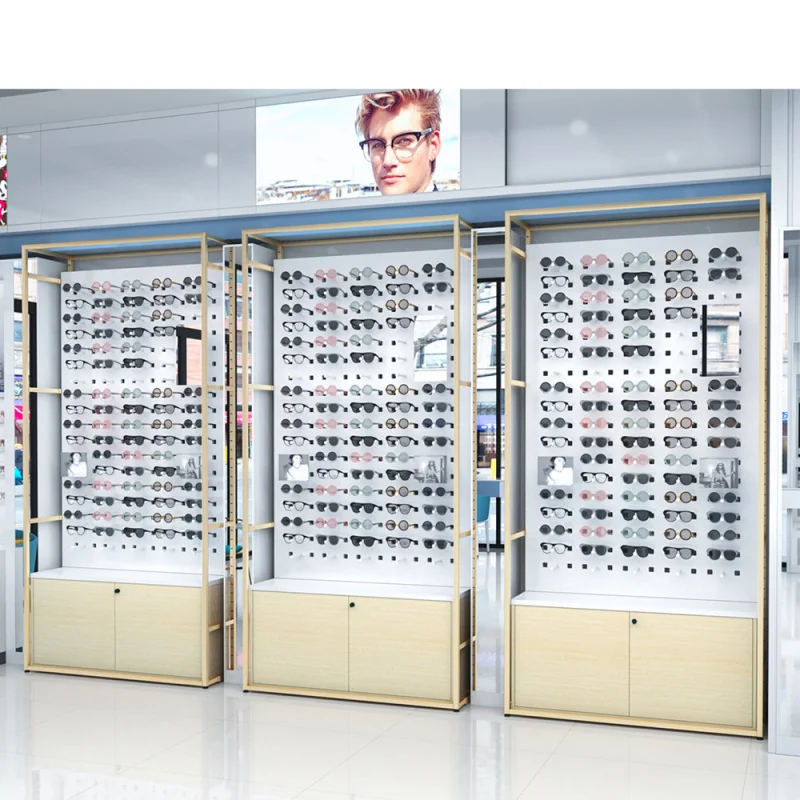 custom.Custom Wall Mounted Eyeglasses Display Cabinet with Optical Frame Lock Design Wood Floor Stand Sunglasses Rack