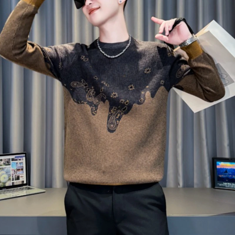 

Высококачественный жаккардовый вязаный свитер, мужской зимний повседневный свитер с длинными рукавами и круглым вырезом, универсальный офисный светский трикотаж, пуловер