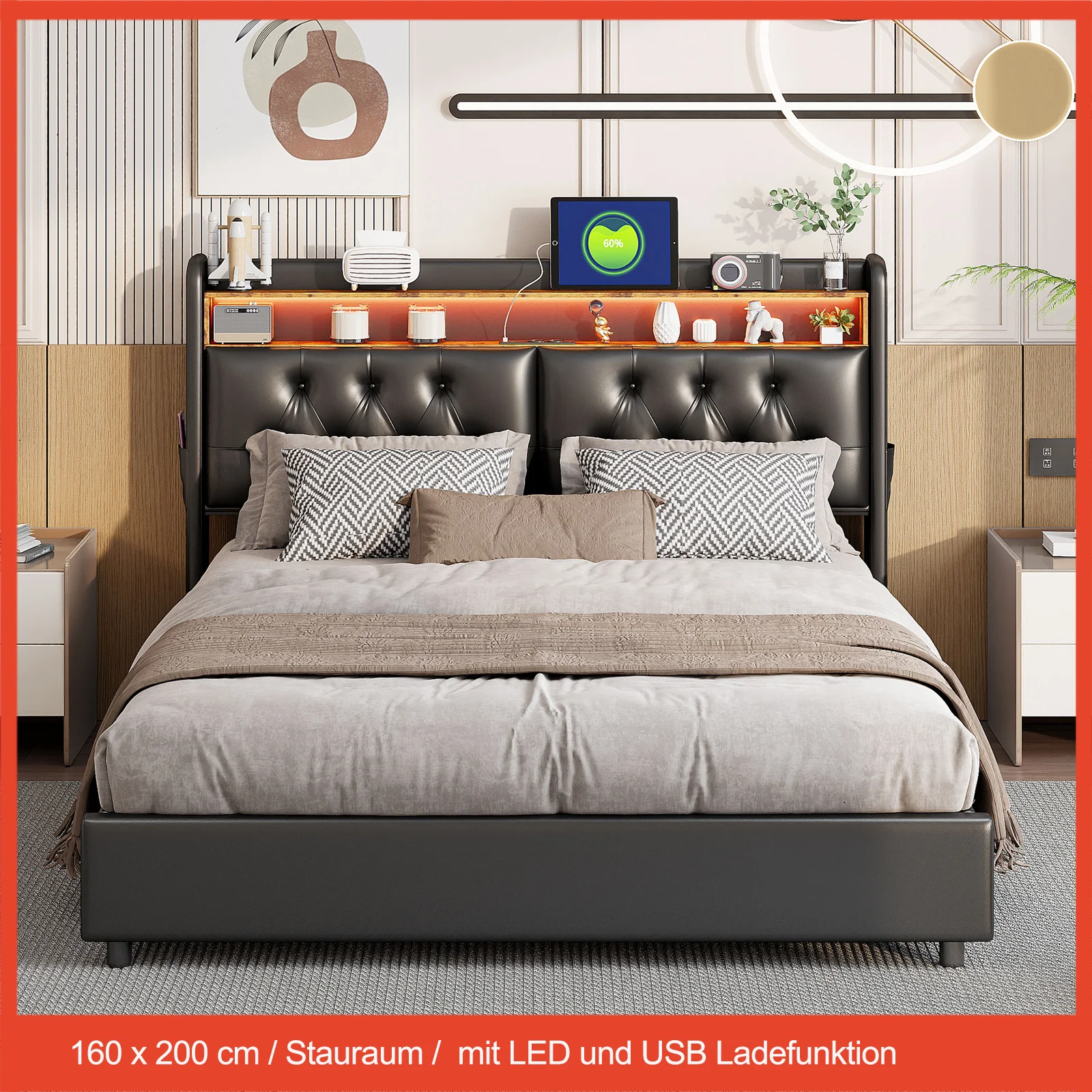 Double bed 160 x200cm,Headboard with LED and USB Charging Function,Upholstered Bed with Storage Space,Without Mattress,Black